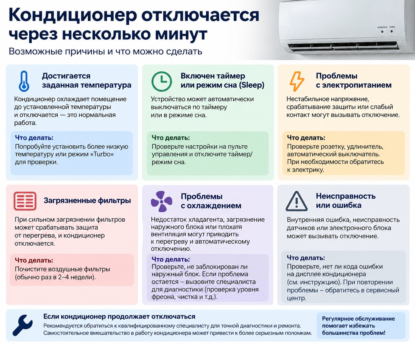 Кондиционер отключается через несколько минут